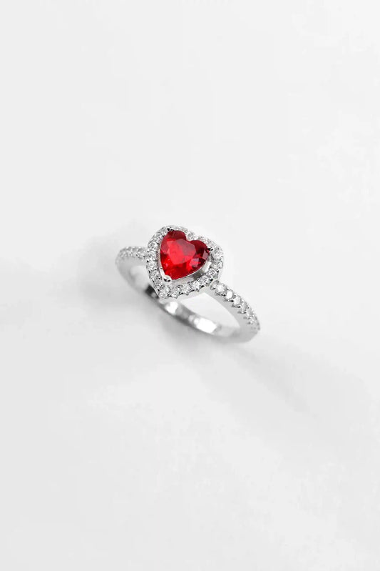 Viorette 925 sterling silver heart ring with a red crystal heart