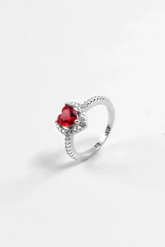 Viorette 925 sterling silver heart ring with a red crystal heart