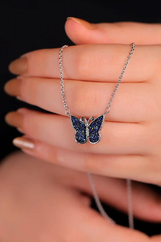Midnight Sapphire Butterfly Silver Necklace