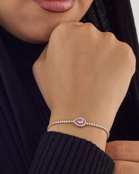 Viorette drop tennis bracelet in 925 sterling silver with pink teardrop crystals