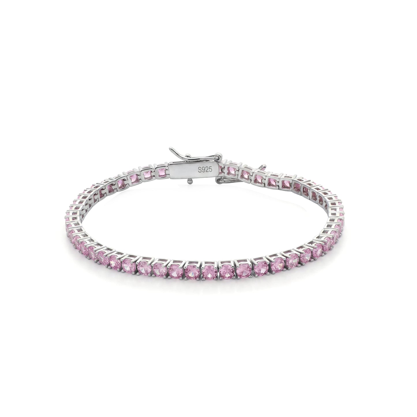 Viorette 3mm tennis bracelet in 925 sterling silver with a line of pink round crystals