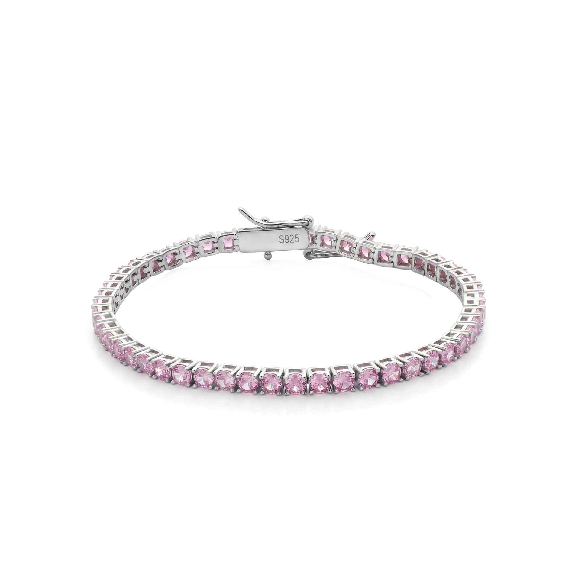 Viorette 3mm tennis bracelet in 925 sterling silver with a line of pink round crystals