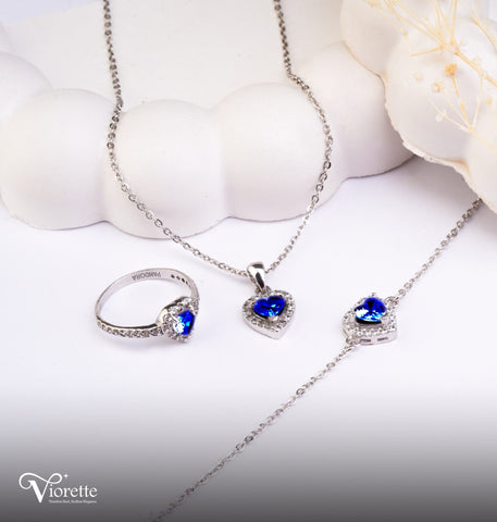 Blue Heart Necklace, Bracelet & Ring Set