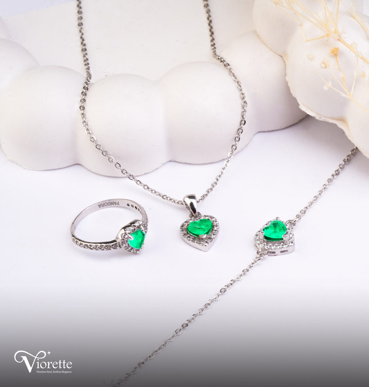Green Heart Necklace, Bracelet & Ring Set