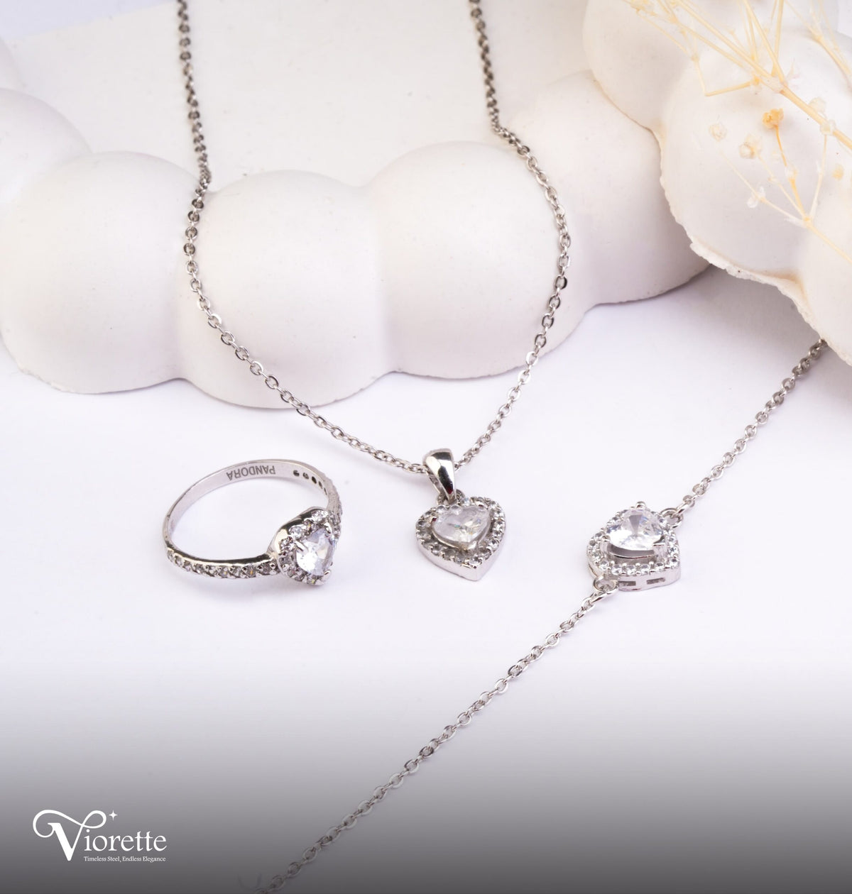 Clear Heart Necklace, Bracelet & Ring Set