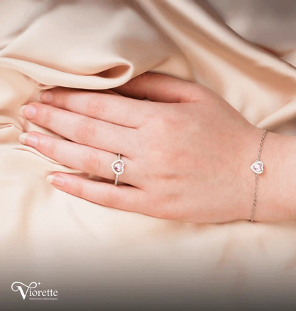 Viorette matching 925 sterling silver bracelet and ring set featuring pink crystal hearts