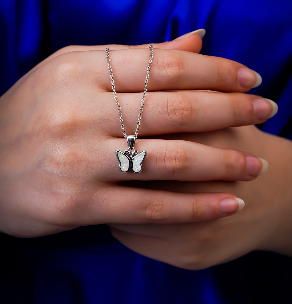 Silver Opal Butterfly Pendant Necklace