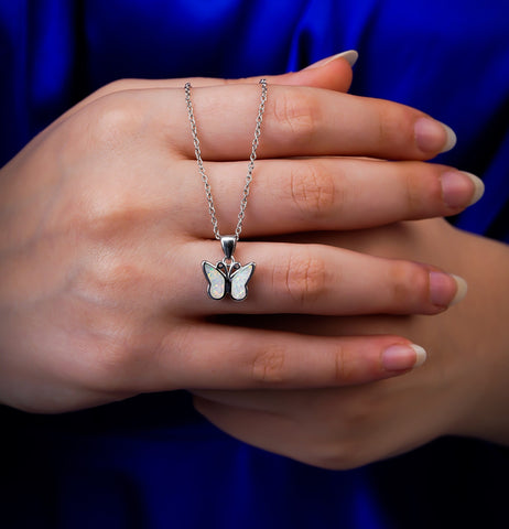 Silver Opal Butterfly Pendant Necklace