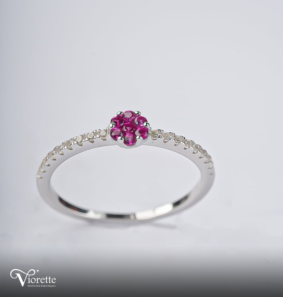 Viorette Red Floral ring in 925 sterling silver with red zirconia stones in a floral design