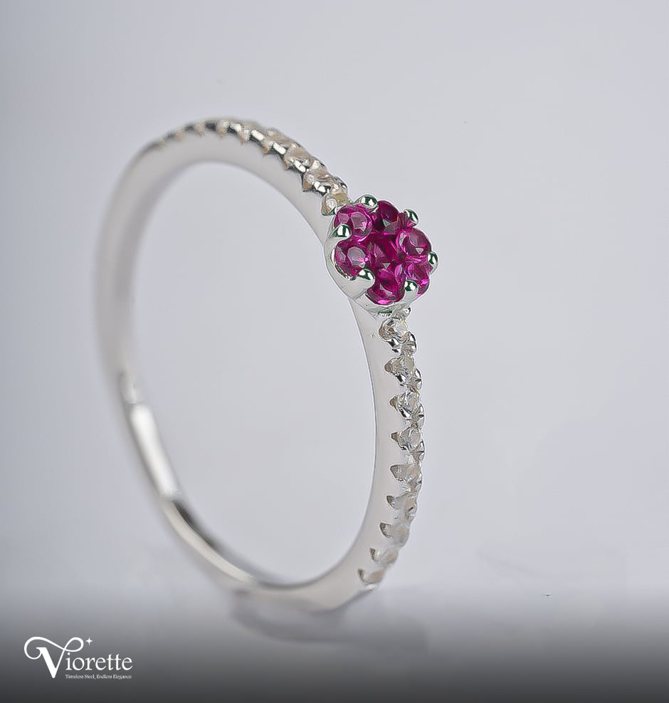 Viorette Red Floral ring in 925 sterling silver with red zirconia stones in a floral design