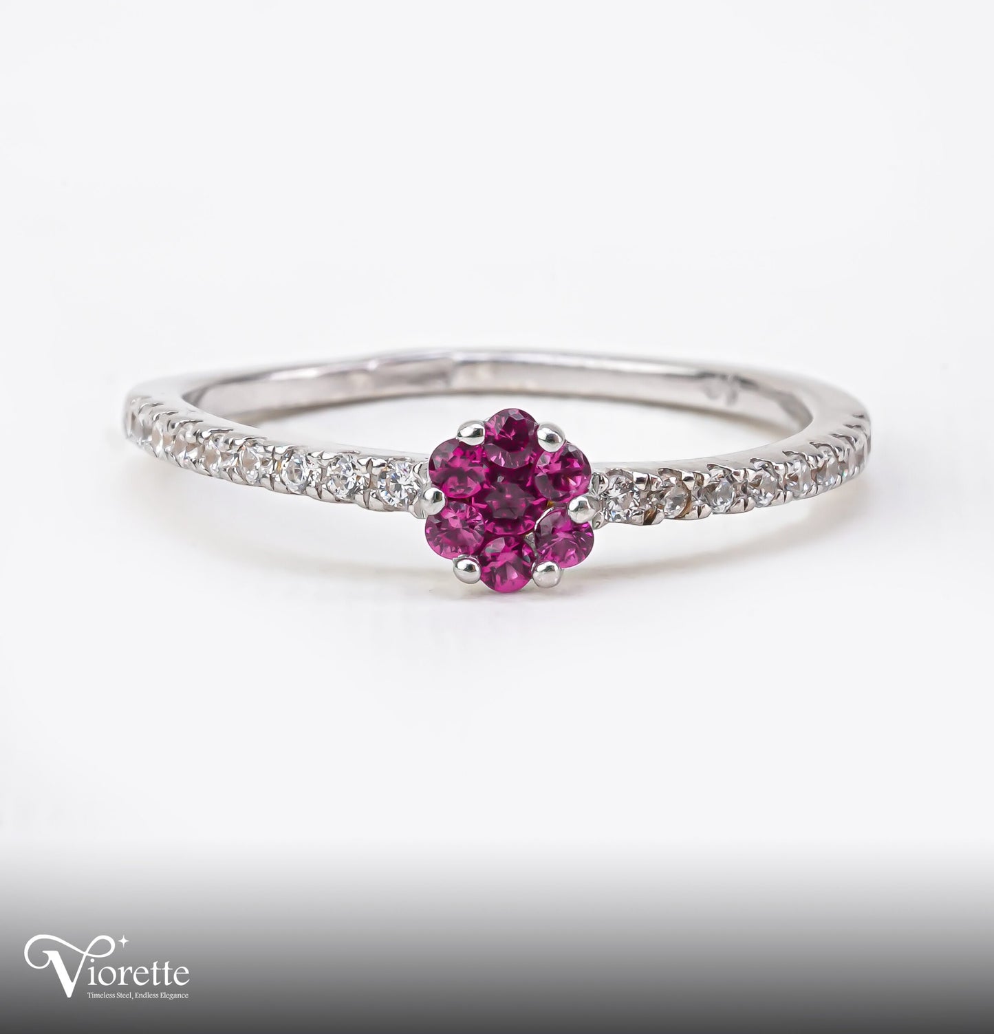 Viorette Red Floral ring in 925 sterling silver with red zirconia stones in a floral design