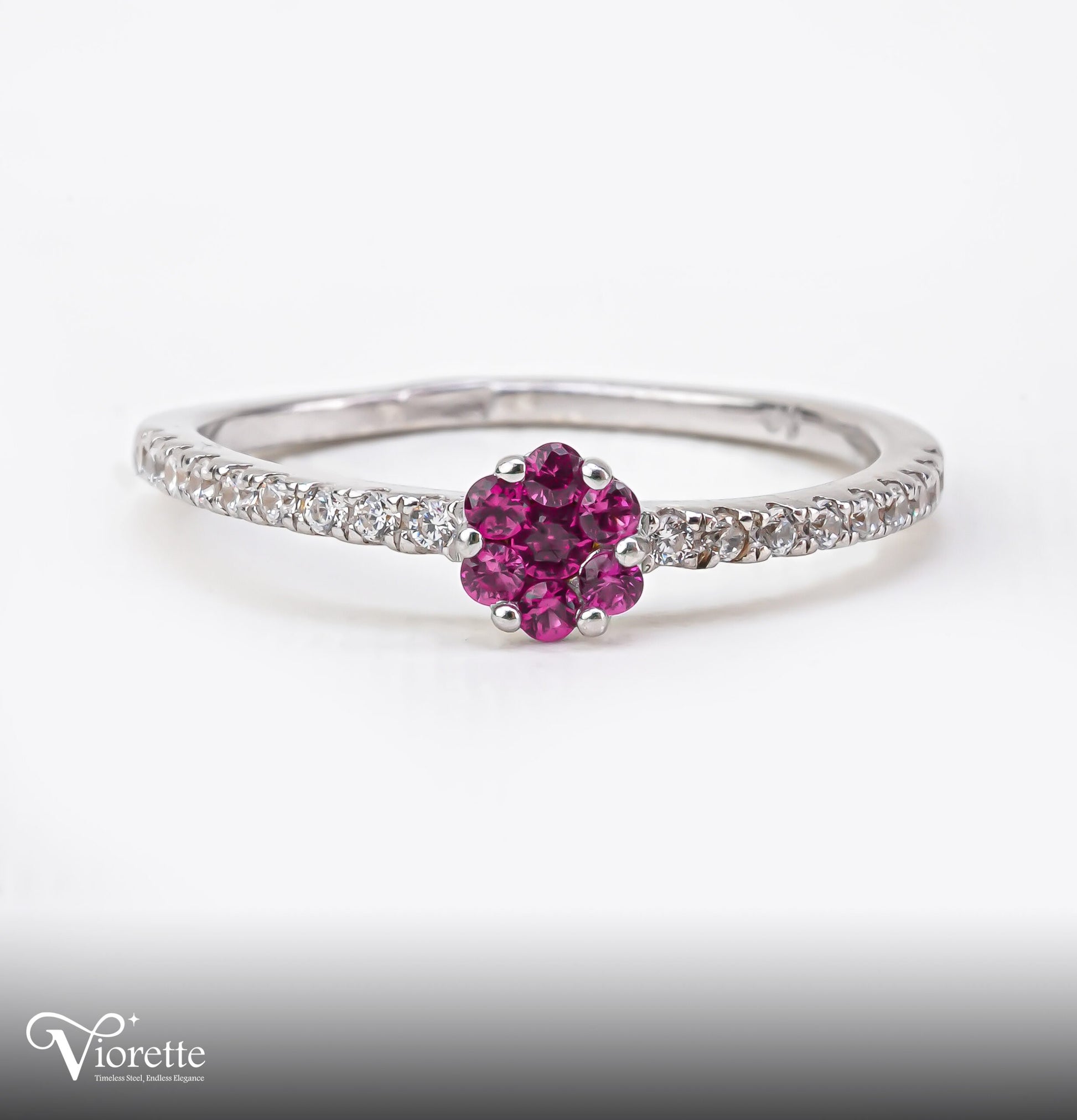 Viorette Red Floral ring in 925 sterling silver with red zirconia stones in a floral design