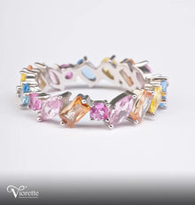 Viorette 925 sterling silver ring with scattered multicolor and fuchsia crystals