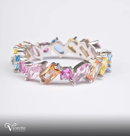 Viorette 925 sterling silver ring with scattered multicolor and fuchsia crystals
