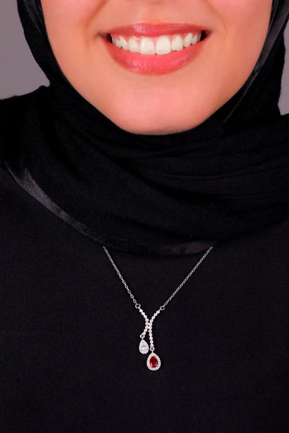 Viorette Duo Grace drop necklace in 925 sterling silver with red zircon drops