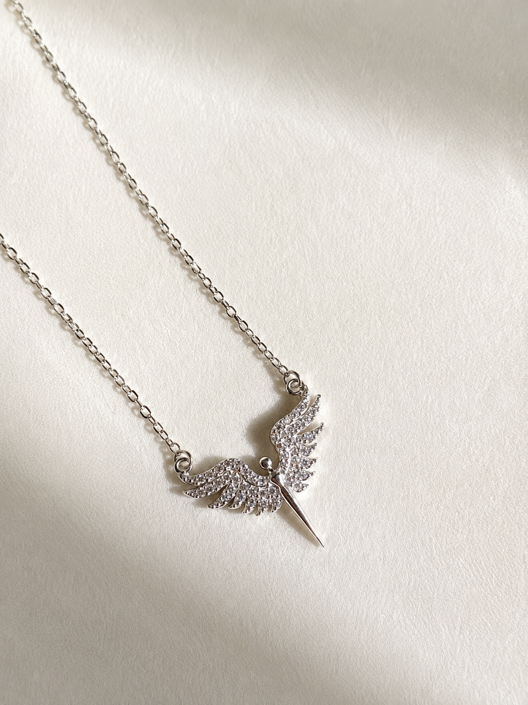Viorette Guardian Angel Wing necklace in 925 sterling silver with a shimmering wing pendant