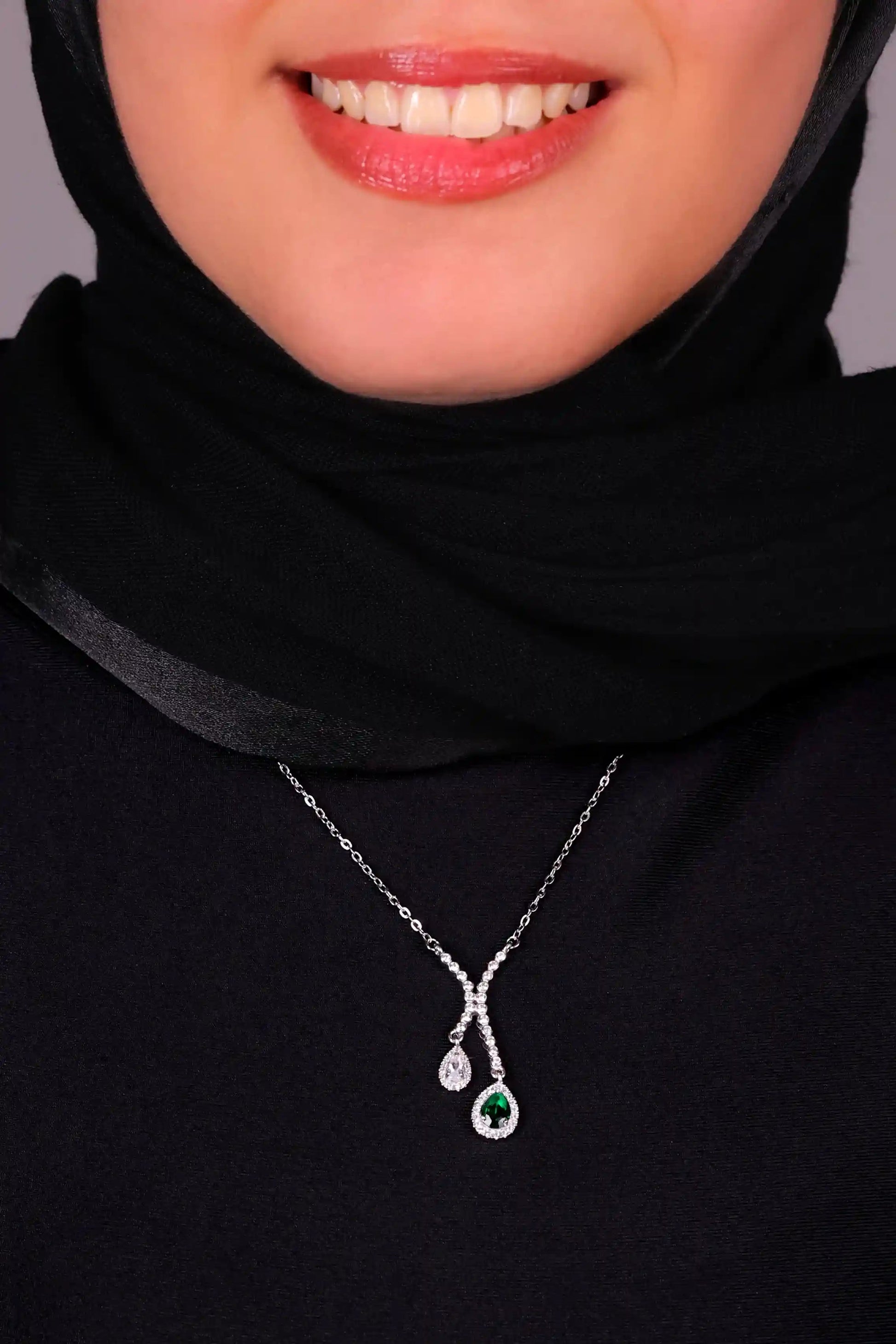 Viorette Duo Grace drop necklace in 925 sterling silver with green emerald-colored zircon drops