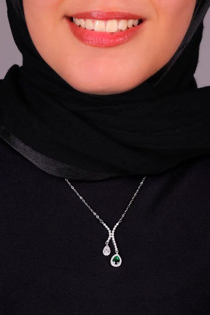 Viorette Duo Grace drop necklace in 925 sterling silver with green emerald-colored zircon drops