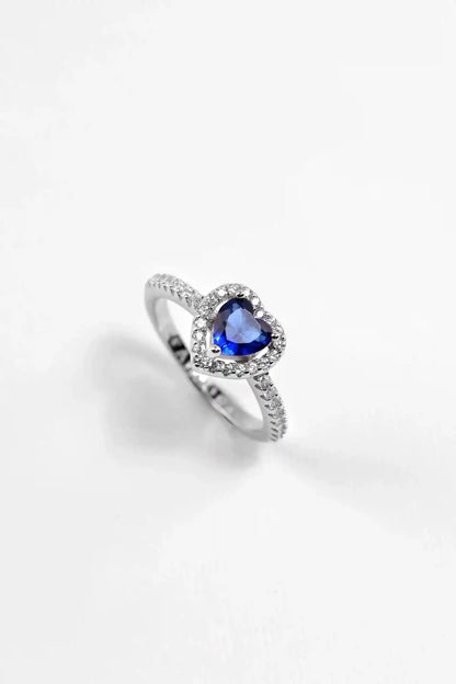 Viorette 925 sterling silver heart ring with a blue crystal heart