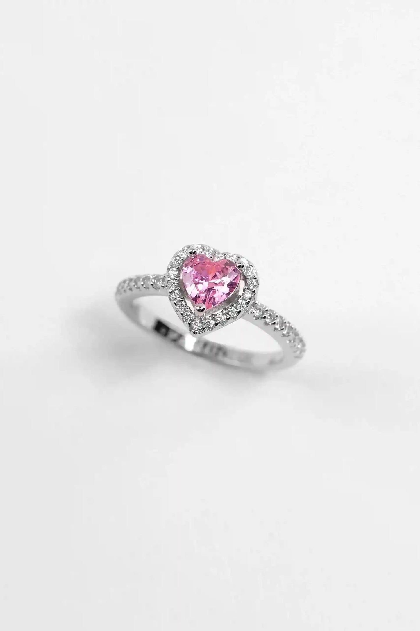 Viorette 925 sterling silver heart ring with a pink crystal heart