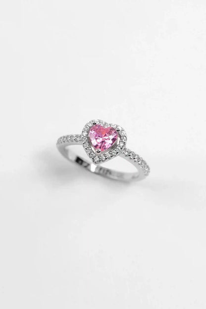 Viorette 925 sterling silver heart ring with a pink crystal heart