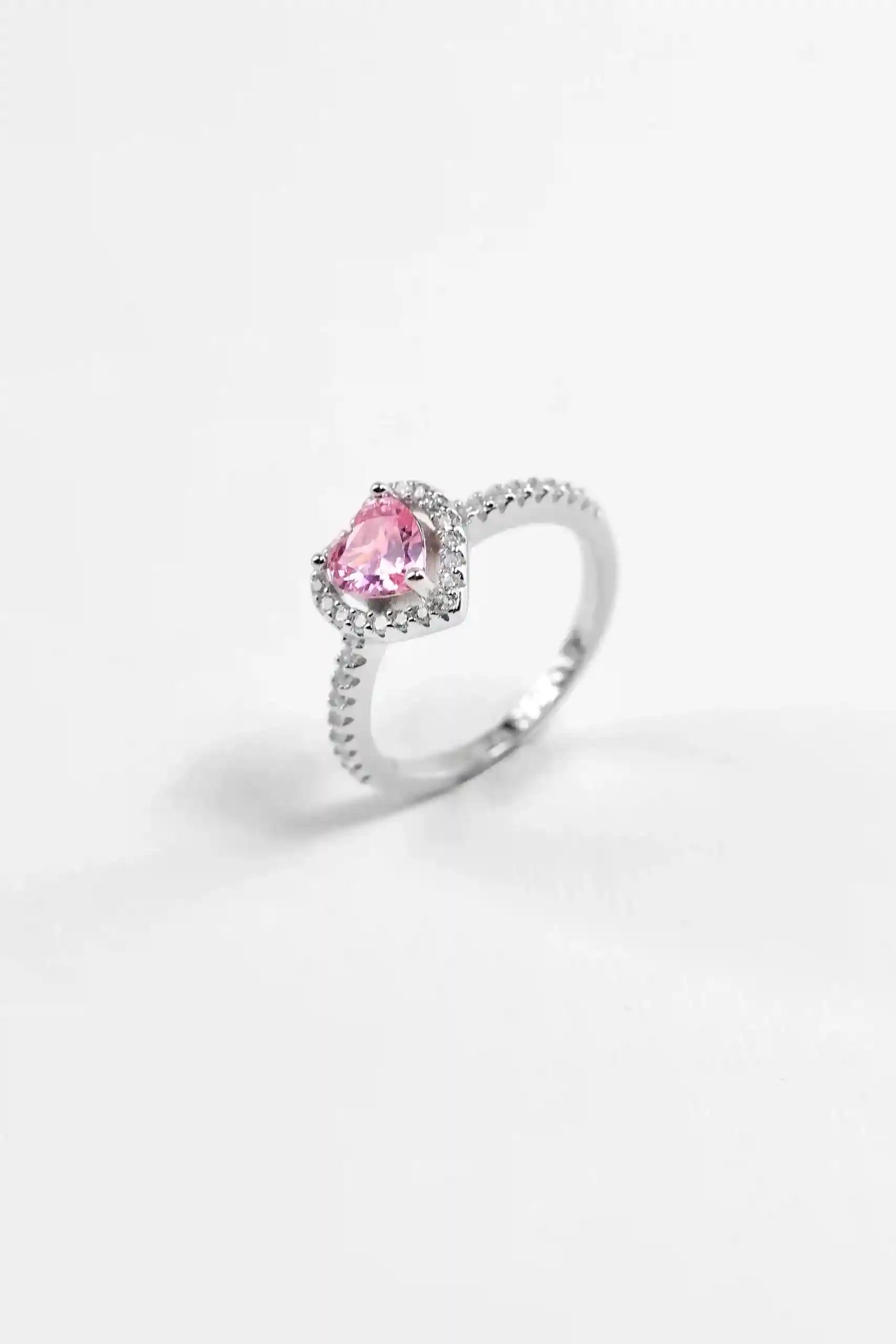 Viorette 925 sterling silver heart ring with a pink crystal heart