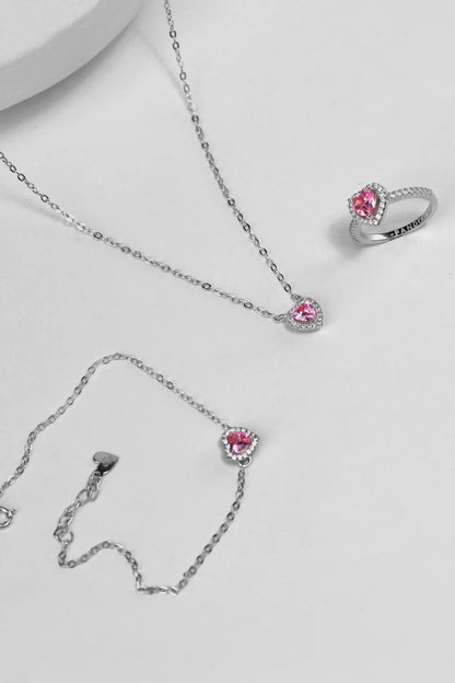 Viorette matching 925 sterling silver set with necklace, bracelet, and ring featuring pink crystal hearts