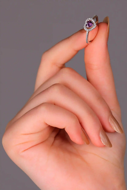 Viorette 925 sterling silver heart ring with a purple amethyst-colored crystal heart