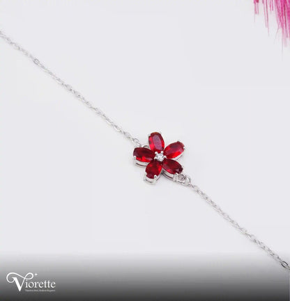 Viorette Petal Blossom bracelet in 925 sterling silver with red ruby-colored floral stones