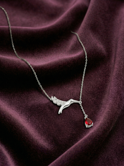 Viorette necklace in 925 sterling silver with a red ruby-colored hummingbird pendant