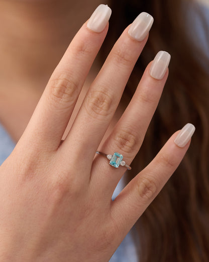 Viorette Ethereal ring in 925 sterling silver with a sky-blue emerald-cut stone