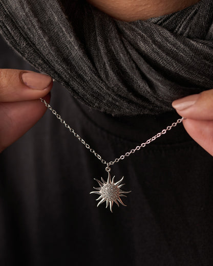 Viorette Sunburst necklace in 925 sterling silver with a pave-set sunburst pendant