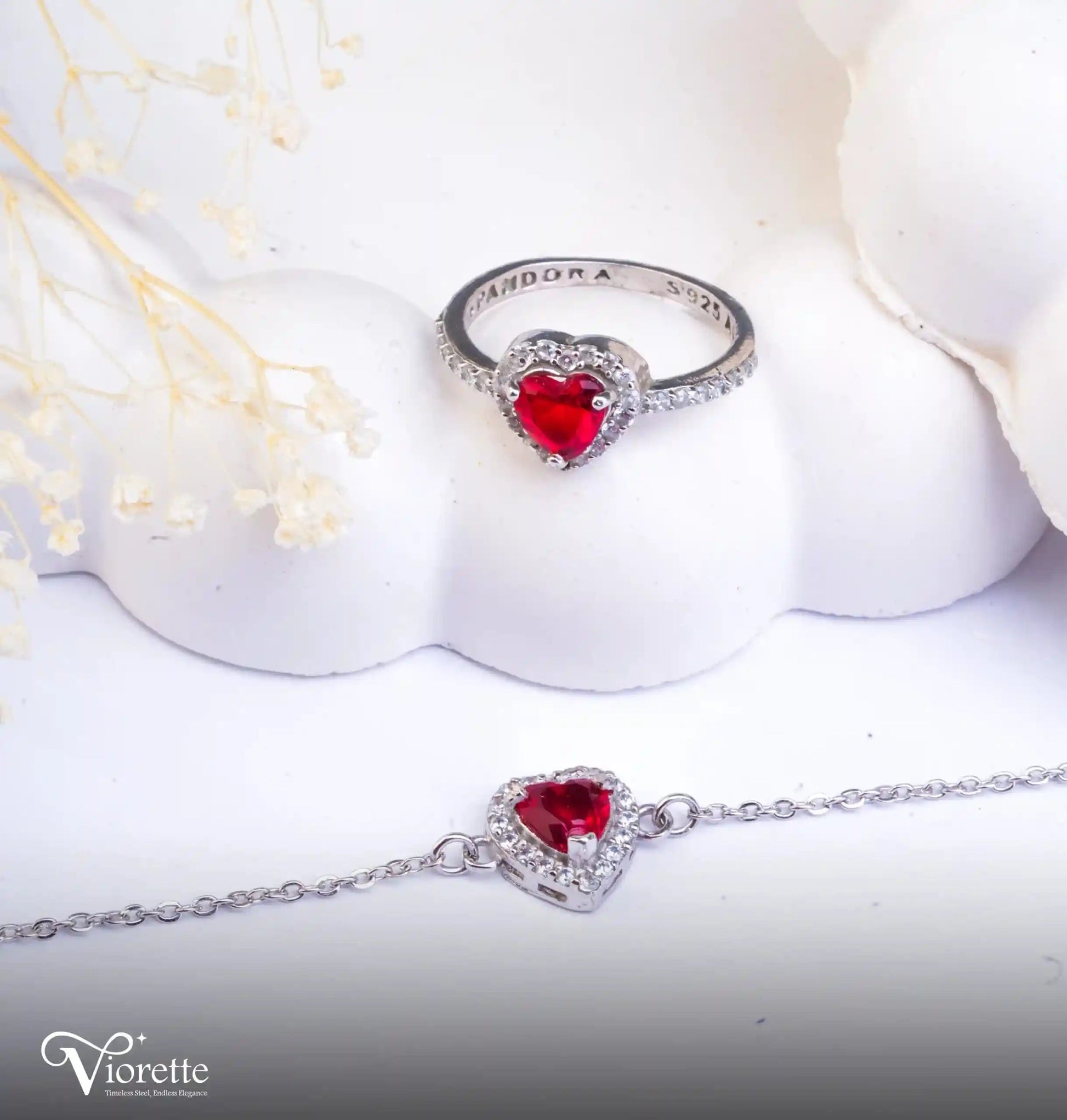 Viorette matching 925 sterling silver bracelet and ring set featuring red crystal hearts