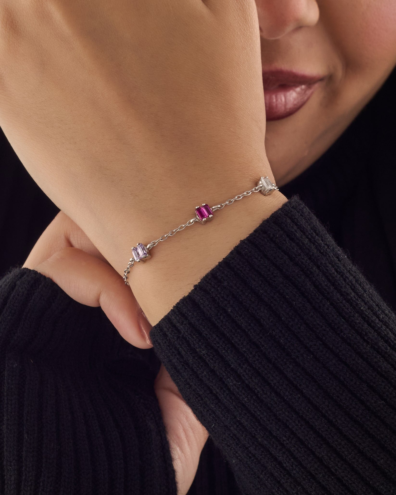 Viorette Trinity bracelet in 925 sterling silver with baguette-cut crystals