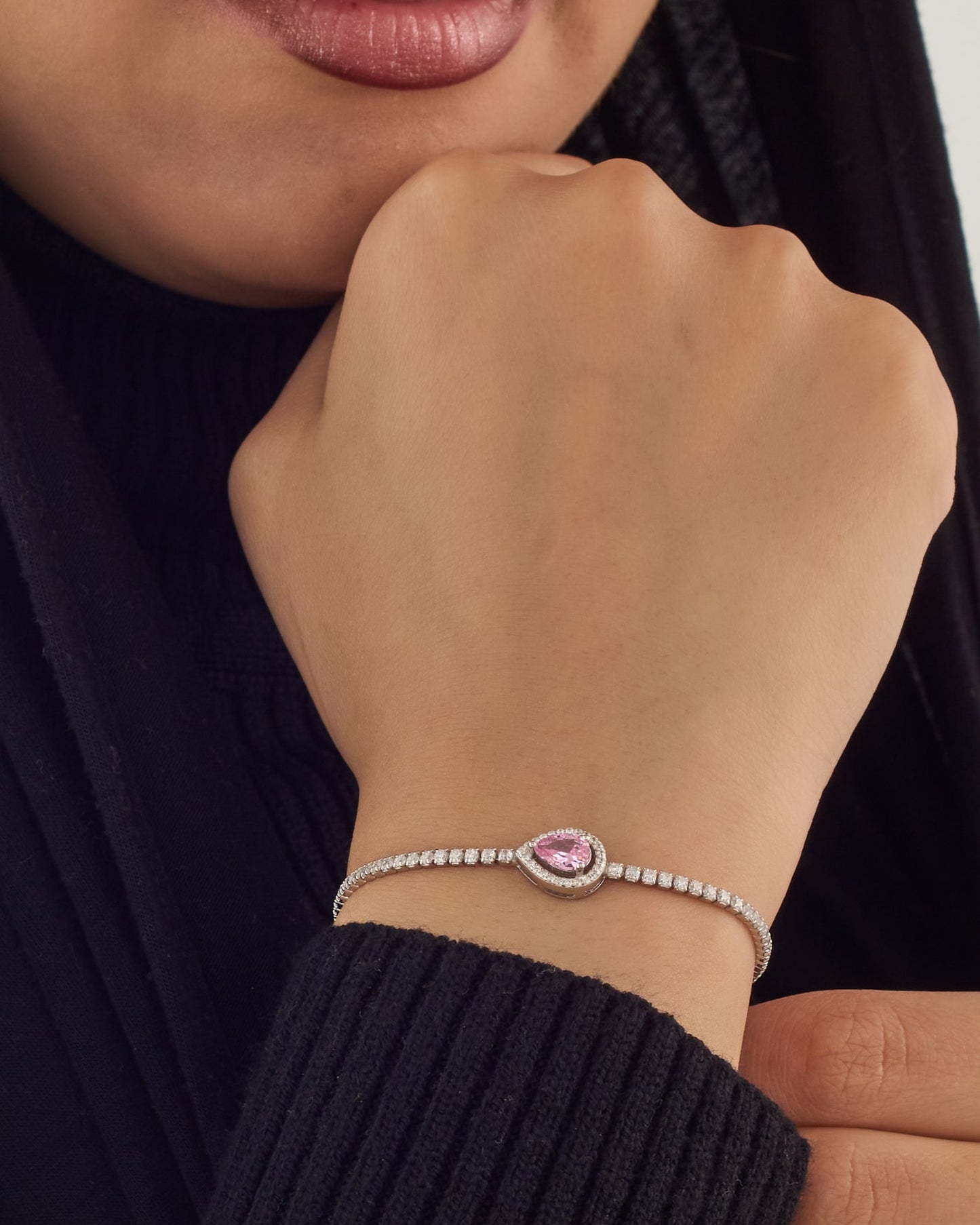 Viorette drop tennis bracelet in 925 sterling silver with pink teardrop crystals