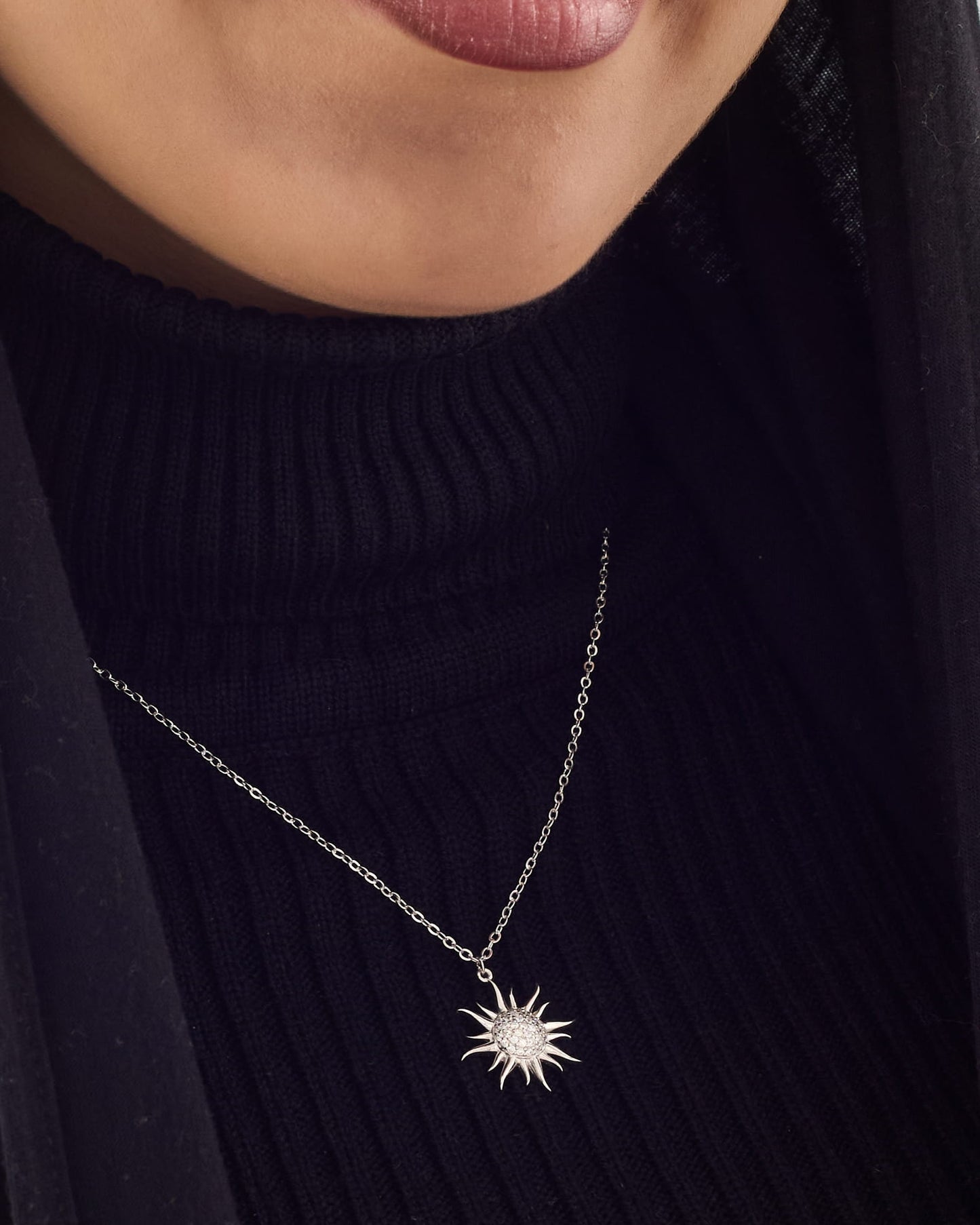 Viorette Sunburst necklace in 925 sterling silver with a pave-set sunburst pendant