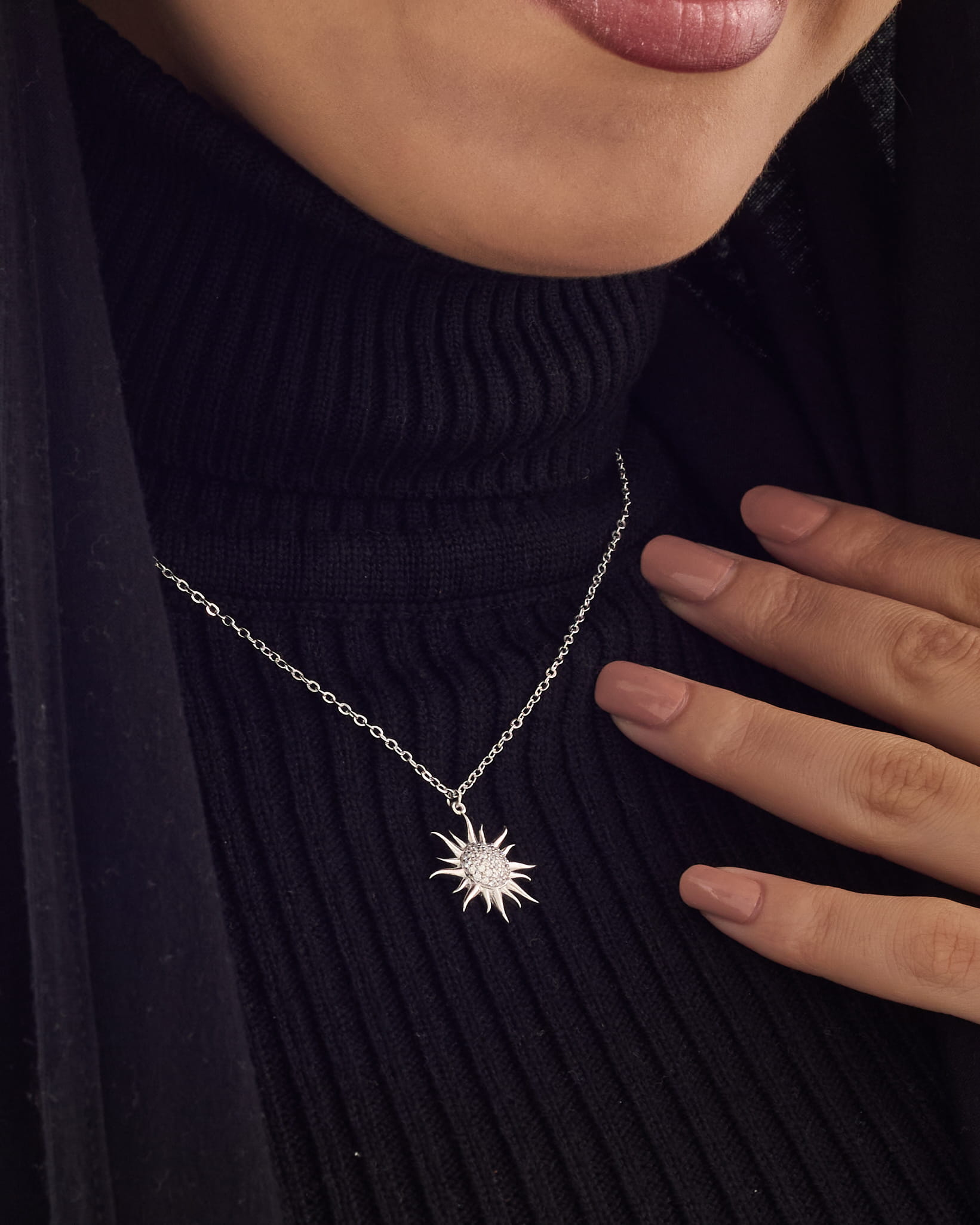 Viorette Sunburst necklace in 925 sterling silver with a pave-set sunburst pendant